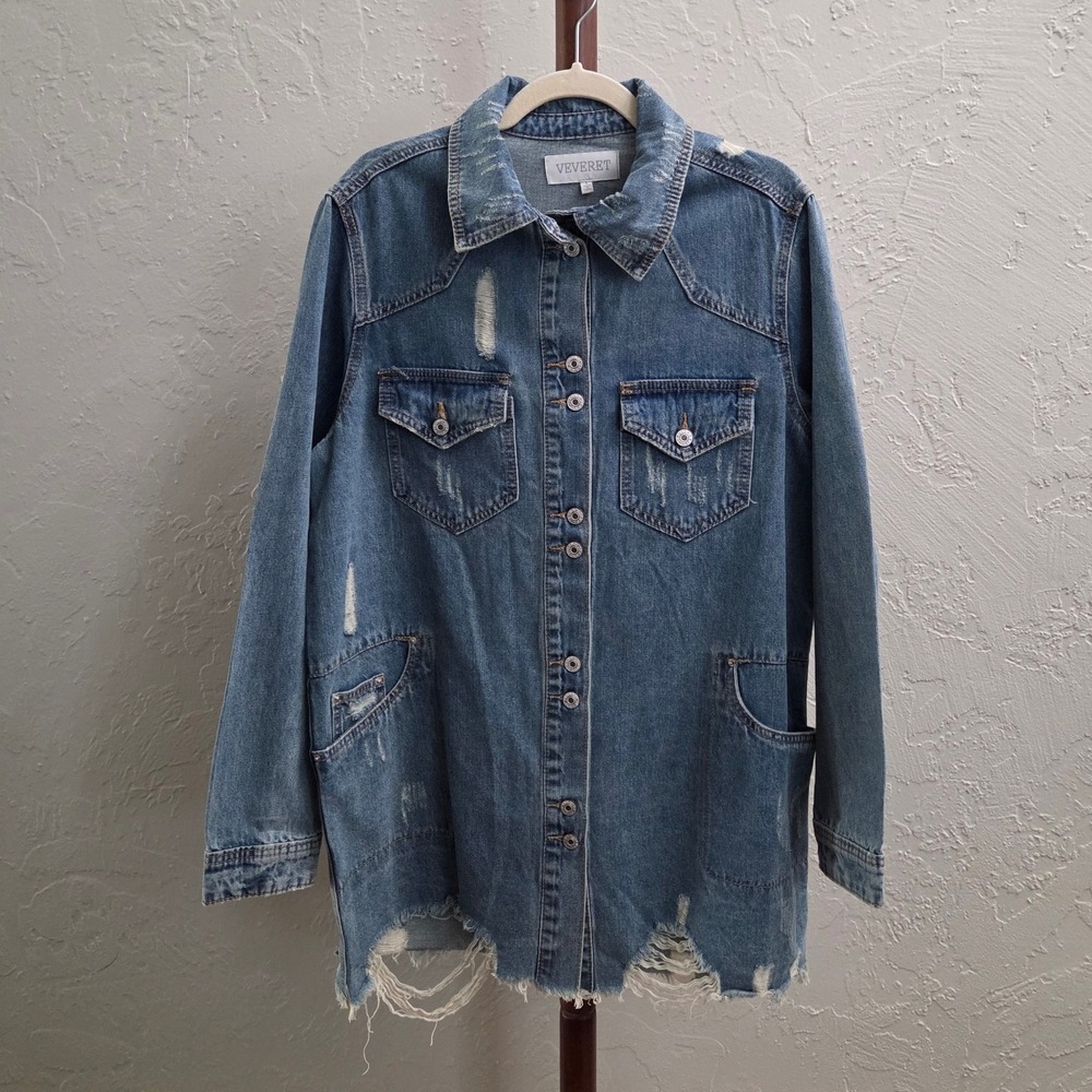 J104. Distressed Denim‎ Shacket With Raw Hem